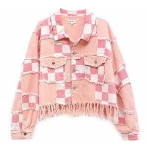 POL Pink Patchwork‎ Cropped Jacket Boho Distressed Plaid Shacket Large
